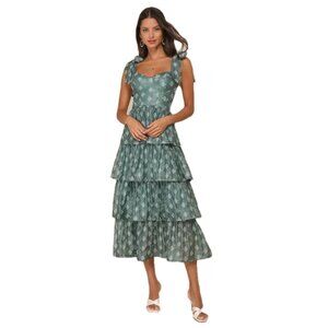 NWT Lulus Teal Green Floral Burnout Tiered Midi Dress